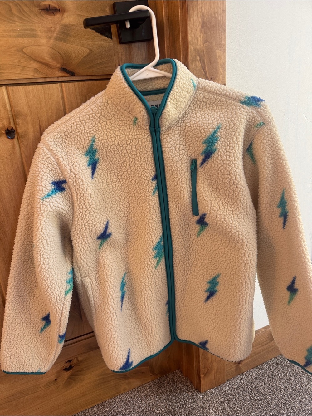 Old Navy Cream Sherpa Jacket with Teal & Blue Lightning